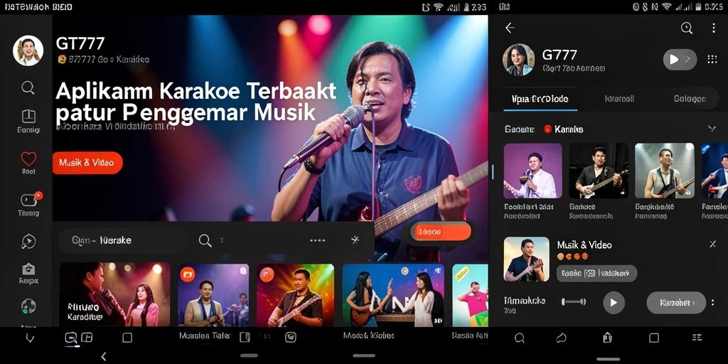 Antarmuka aplikasi GT777 dengan fitur karaoke yang menyenangkan.